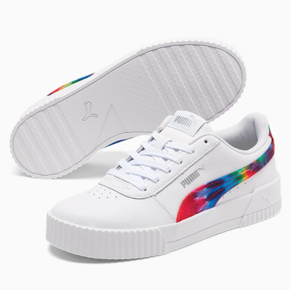 PUMA Carina White and Colorful Rainbow Tie Dye Sneakers Youth Sz 6.5 Big Kids